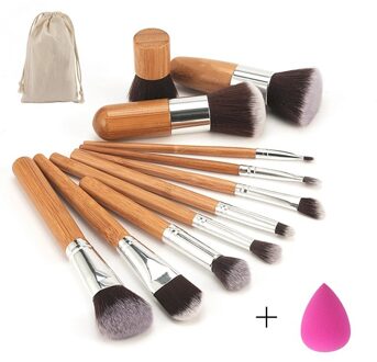 Make-Up Set Professionele Bamboe Handvat Make-Up Kwasten Oogschaduw Concealer Blush Foundation Brush + Mengen Sponzen Bladerdeeg