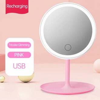 Make-Up Spiegel Met Led Light Stand Verstelbare Touch Dimmer Kaptafel Cosmetische Spiegel Smart Vullen Licht Tricolor roze