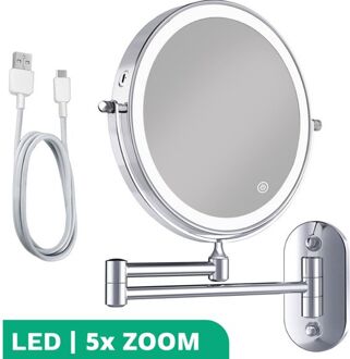 Make Up Spiegel met LED Verlichting - 5X Vergroting - Scheerspiegel Zilverkleurig