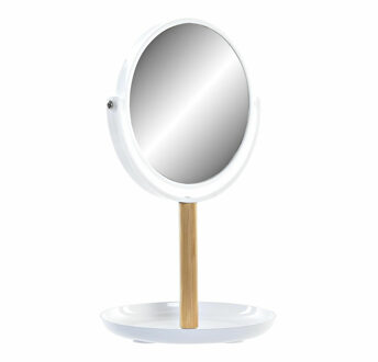 Make-up spiegel op standaard - rond - bamboe - wit - 34 cm - Make-up spiegeltjes