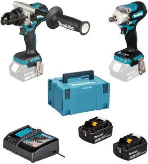 Makita DLX2590TJ 18v Combiset DHP492 (Klop)boor-/schroefmachine + DTW300 Slagmoersleutel (2x 5.0Ah accu en lader) in Mbox - DLX2590TJ