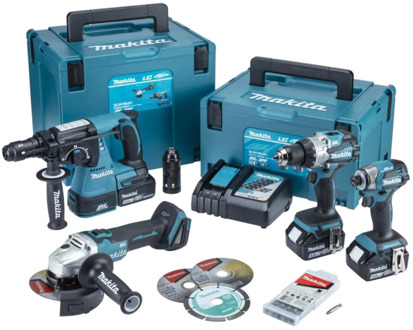 Makita DLX4195JX1 Combiset | DHP489 + DTD173 + DHR243 + DGA504 | Incl. accu's en lader in M-box - DLX4195JX1