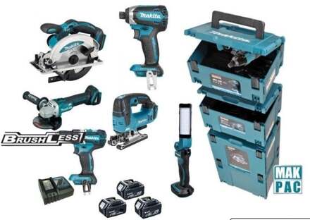 Makita DLX8100J | Combiset 18V | DDF484 + DTD153 + DGA504 + DHS660 + DJV182 | Incl. accu's en lader DLX8100J