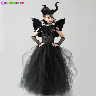 Maleficent Evil Queen Girls Halloween Costume Kids Gothic Black Glam Gown Tutu Dress Children Carnival Cosplay Villain Clothing