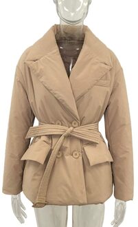 Malina Eenvoudige Zakken Parka Vrouwen Mode Double Breasted Jassen Vrouwen Solid Tie Riem Gekerfd Katoen Jassen Dames khaki / S
