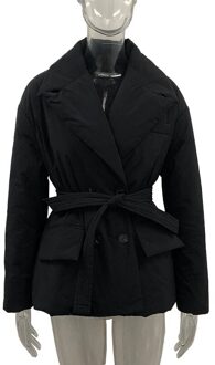 Malina Eenvoudige Zakken Parka Vrouwen Mode Double Breasted Jassen Vrouwen Solid Tie Riem Gekerfd Katoen Jassen Dames zwart / L