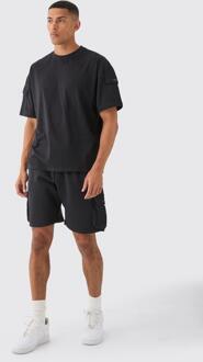 Man Oversized Cargo T-Shirt And Relaxed Short Set, Black - M