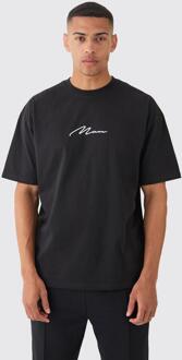 Man Signature Embroidered T-Shirt, Black - M