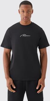 Man Signature Geborduurd T-Shirt, Black - M