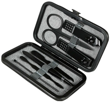 Manicureset - 7-delig - zwart - incl. etui - RVS - nagel verzorging