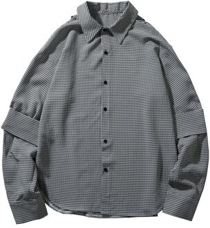 Mannelijke Korea Stijl Vintage Streetwear Losse Shirts Mannen Splice Lange Mouwen Casual Plaid Shirt XL