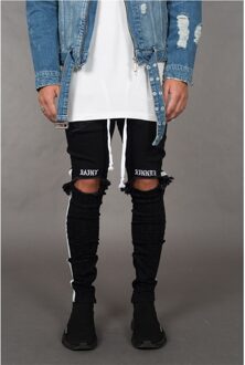 Mannen Broek Blote Knieën Trekkoord Denim Jeans Voor Mannen Geript Gat Stretch Jeans Plus Size Volledige Lengte Potlood Broek side Stripes Xl