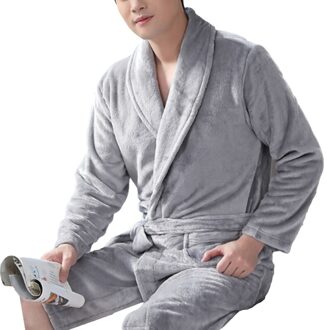Mannen Casual Kimono Badjas Herfst Winter Flanel Lang Gewaad Dikke Warme Nachtkleding Nachtjapon Mannelijke Losse Homewear licht grijs