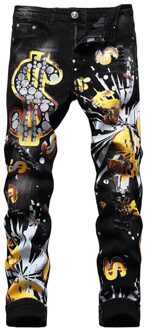 Mannen Dollar Print Jeans Gaten Ripped Denim Broek Gedrukt Zwart Slim Skinny Tapered Potlood Broek 38