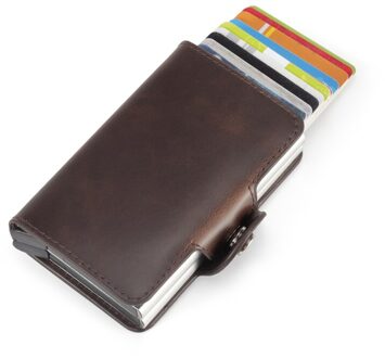 Mannen Dubbele Aluminium Lederen Tas Credit Card Holder Rfid Portemonnee Automatische Pop Up Anti-Diefstal Business 12 Id kaarthouder Bruin