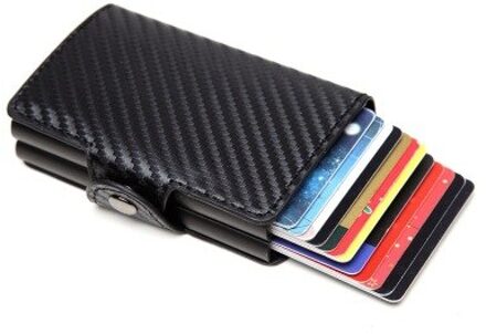 Mannen Dubbele Aluminium Lederen Tas Credit Card Holder Rfid Portemonnee Automatische Pop Up Anti-Diefstal Business 12 Id kaarthouder koolstofvezel zwart