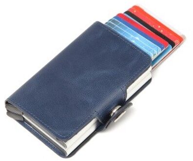 Mannen Dubbele Aluminium Lederen Tas Credit Card Holder Rfid Portemonnee Automatische Pop Up Anti-Diefstal Business 12 Id kaarthouder lucht blauw