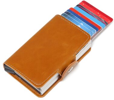 Mannen Dubbele Aluminium Lederen Tas Credit Card Holder Rfid Portemonnee Automatische Pop Up Anti-Diefstal Business 12 Id kaarthouder olie- wax geel