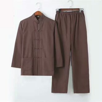 Mannen Effen Kung Fu Pak Chinese Traditionele Mannelijke 100% Katoen Losse Tai Chi Sets Jas + Lange Broek 2pc koffie