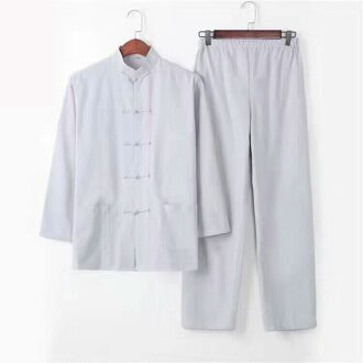 Mannen Effen Kung Fu Pak Chinese Traditionele Mannelijke 100% Katoen Losse Tai Chi Sets Jas + Lange Broek 2pc licht grijs