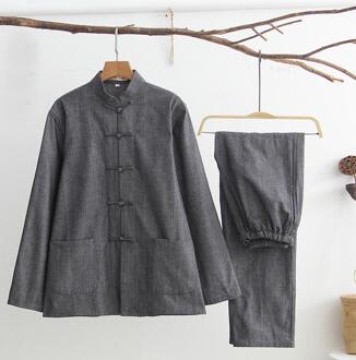 Mannen Effen Kung Fu Pak Chinese Traditionele Mannelijke 100% Katoen Losse Tai Chi Sets Jas + Lange Broek 2pc smoky grijs