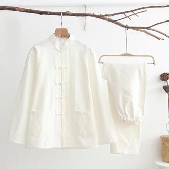 Mannen Effen Kung Fu Pak Chinese Traditionele Mannelijke 100% Katoen Losse Tai Chi Sets Jas + Lange Broek 2pc wit