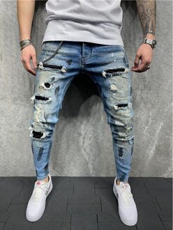 Mannen Gescheurde Jeans Mannen Skinny Painted Patch Bedelaar Broek Jumbo Mannen Hip Hop De Keten Decoratie potlood Broek Maat S-3XL Xxxl