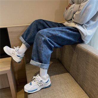 Mannen Grafische Gedrukt Jeans Vrouw Harajuku Koreaanse Mode Streetwear Denim Broek Hip Hop Straight Denim Broek Kleding donker blauw / M