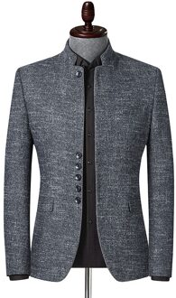 Mannen Herfst Britse Stijl Stand Kraag Casual Pak Jeugd 6 Gesp Slanke Effen Grijs Blazers