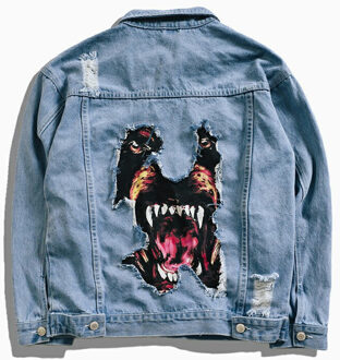 Mannen Hip Hop Denim Jas Grappige Hond Gedrukt Gebroken Gat Jean Jas Lente Herfst Streetwear Jas Voor Koppels Dragen XL