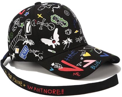 Mannen Hip Hop Hoed Brief Graffiti Vlinder Patroon Japan Harajuku Baseball Hoed Vader Knop Hoed Vrouwen Zwarte Hoed