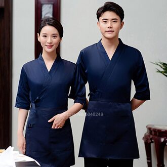 Mannen Japanse Blauw Slanke V-hals Chef-Jas Half Mouw Kimono Restaurant Chef-kok Jas Met Schort Vrouwen Sushi Koken unfiorm Top apron headscarf2 / 3XL