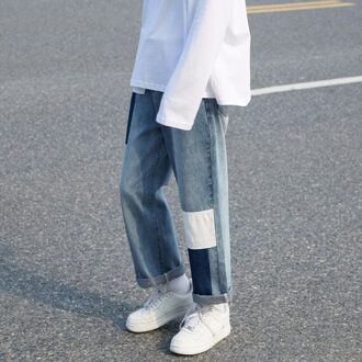 Mannen Jeans Patchwork Trendy Panelled Losse Leisure Chic Mannetjes Denim Straight Punk Alle-Match Retro Broek Baggy Cowboy Studenten Xxl