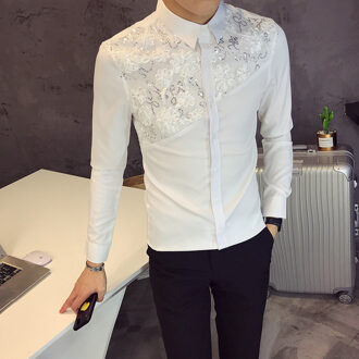 Mannen Lace Shirt Wedding Lange Mouwen Shirts Mannen Mode Smoking Shirts Sociale Club Party Club Zwart Witte Jurk Shirts wit / Korea M