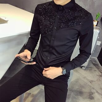 Mannen Lace Shirt Wedding Lange Mouwen Shirts Mannen Mode Smoking Shirts Sociale Club Party Club Zwart Witte Jurk Shirts zwart / Korea L