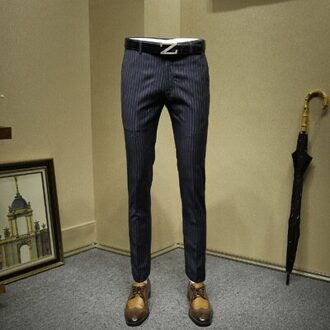 Mannen lange formele broek jonge man 10% wol diepe blauw gestreepte borduurwerk pak broek kantoor broek mens jurk broek slim jurk broek 34