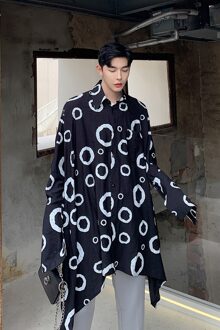 Mannen Lange Mouw Herfst Cirkel Patroon Losse Casual Shirt Vest Mannelijke Streetwear Hip Hop Party Stage Show Shirts Jas XL