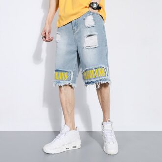 Mannen Lichtblauw Denim Shorts Zomer Gaten Korte Jeans Goede Mannen Straight Denim Jeans Shorts Knielengte Jeans maat 36 33
