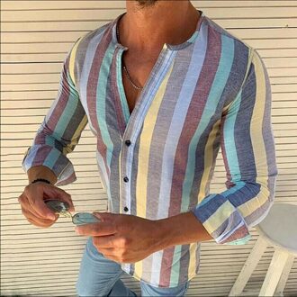 Mannen Mode Kleurrijke Streep Shirts Gedrukt Casual Slim Fit Lange Mouw Vierkante Kraag Mannelijke Social Business Tops XXL