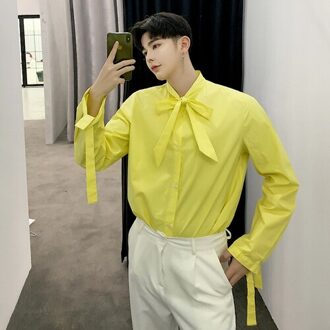 Mannen Mode Strik Tie Lange Mouwen Losse Geel Shirt Party Dress Shirt geel / M