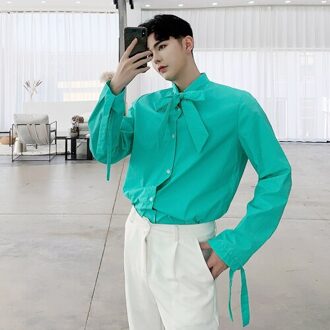 Mannen Mode Strik Tie Lange Mouwen Losse Geel Shirt Party Dress Shirt groen / L