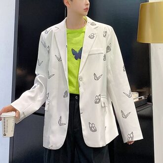 Mannen Reflecterende Vlinder Gedrukt Casual Jasje Notched Revers Heren Single Button Losse Pak Jas Wit/Zwart wit / Xl