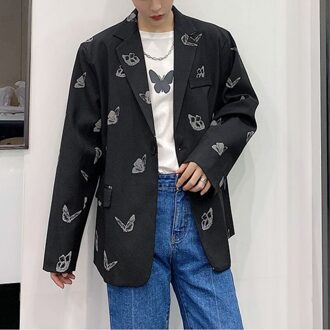 Mannen Reflecterende Vlinder Gedrukt Casual Jasje Notched Revers Heren Single Button Losse Pak Jas Wit/Zwart zwart / M