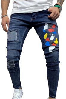 Mannen Ripped Jeans Slim Fit Denim Broek Biker Hip Hop Jeans Gat Afgeplakt Kleurrijke Dot Print Skinny Verontruste Denim Broek blauw 2 / M