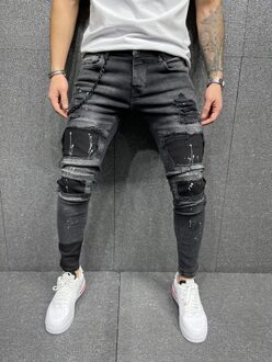 Mannen Ripped Skinny Jeans Zwart Patchwork Biker Potlood Broek Locomotief Denim Broek Straten Hip Hop Cowboy Broek Xxl