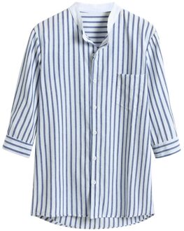 Mannen Shirt Baggy Linnen Blend Gestreepte Herfst lente stijl Drie Kwart Mouw Pocket Casual mannelijke Stand Kraag Shirts #30 XXL