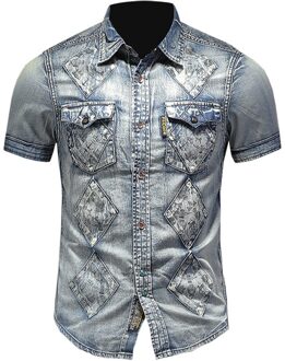Mannen Shirts Denim Korte Mouwen Man Casual Zomer Kleding Tops Slim Katoen Plus Size Mannelijke Jeans Shirts Xxxl