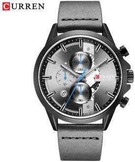 Mannen Sport Horloge Met Chronograaf Curren Lederen Band Horloges Quartz Horloge Zakelijke Kalender Klok Mannelijke grijs