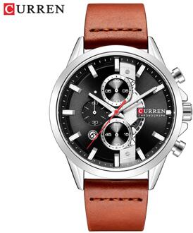 Mannen Sport Horloge Met Chronograaf Curren Lederen Band Horloges Quartz Horloge Zakelijke Kalender Klok Mannelijke zilver zwart