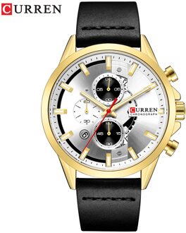 Mannen Sport Horloge Met Chronograaf Curren Lederen Band Horloges Quartz Horloge Zakelijke Kalender Klok Mannelijke zwart goud